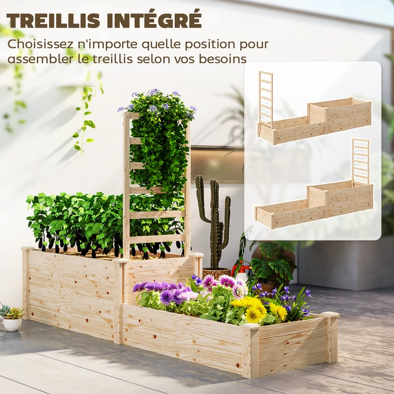 Jardinière surélevée balcon terrasse 222 x 63 x 132 cm treillis intégré drainage optimal design rustique en bois naturel 21_0005545