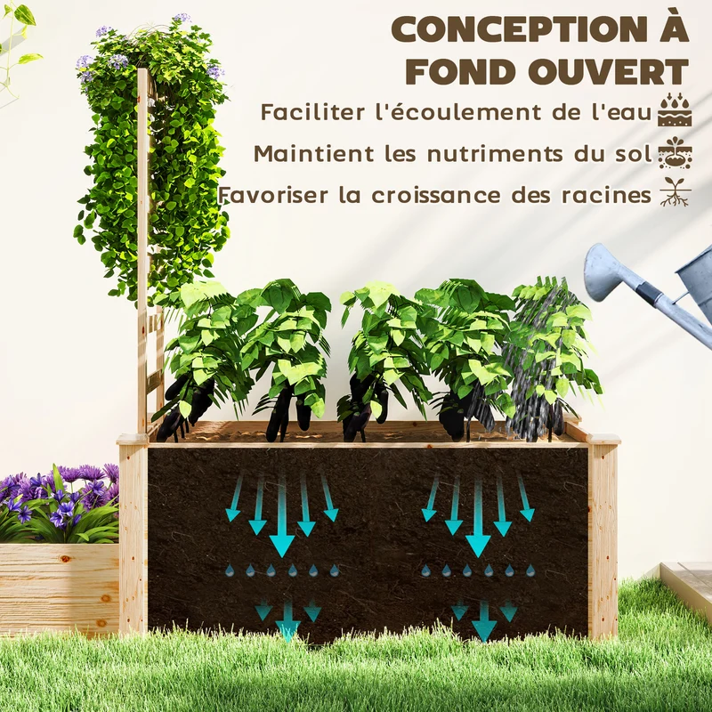 Jardinière surélevée balcon terrasse 222 x 63 x 132 cm treillis intégré drainage optimal design rustique en bois naturel 21_0005545