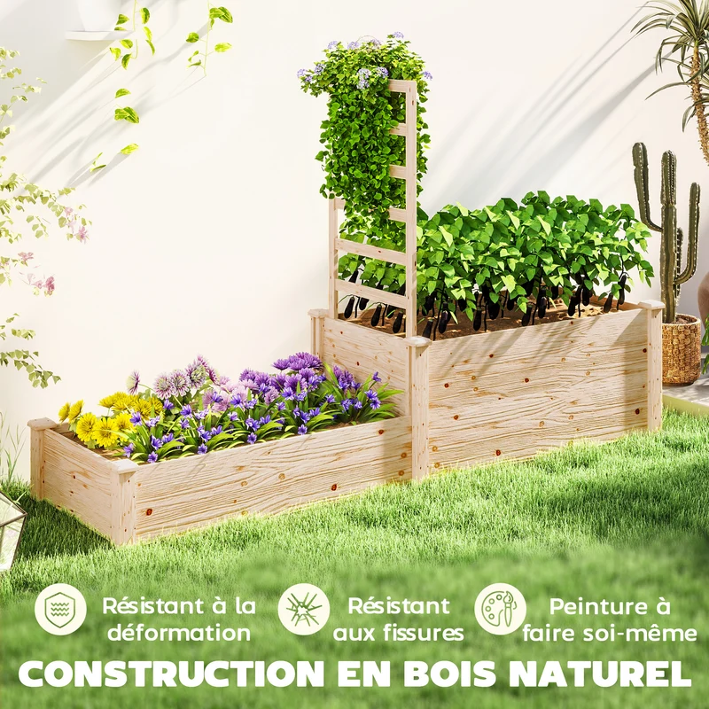 Jardinière surélevée balcon terrasse 222 x 63 x 132 cm treillis intégré drainage optimal design rustique en bois naturel 21_0005545
