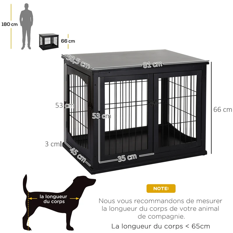 Cage pour chien enclos intérieur 81 x 58 x 66 cm sécurisante 3 portes verrouillables contemporain élégant en MDF noir 21_0007281