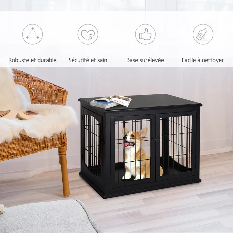 Cage pour chien enclos intérieur 81 x 58 x 66 cm sécurisante 3 portes verrouillables contemporain élégant en MDF noir 21_0007281