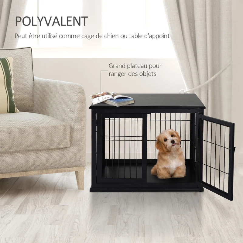 Cage pour chien enclos intérieur 81 x 58 x 66 cm sécurisante 3 portes verrouillables contemporain élégant en MDF noir 21_0007281