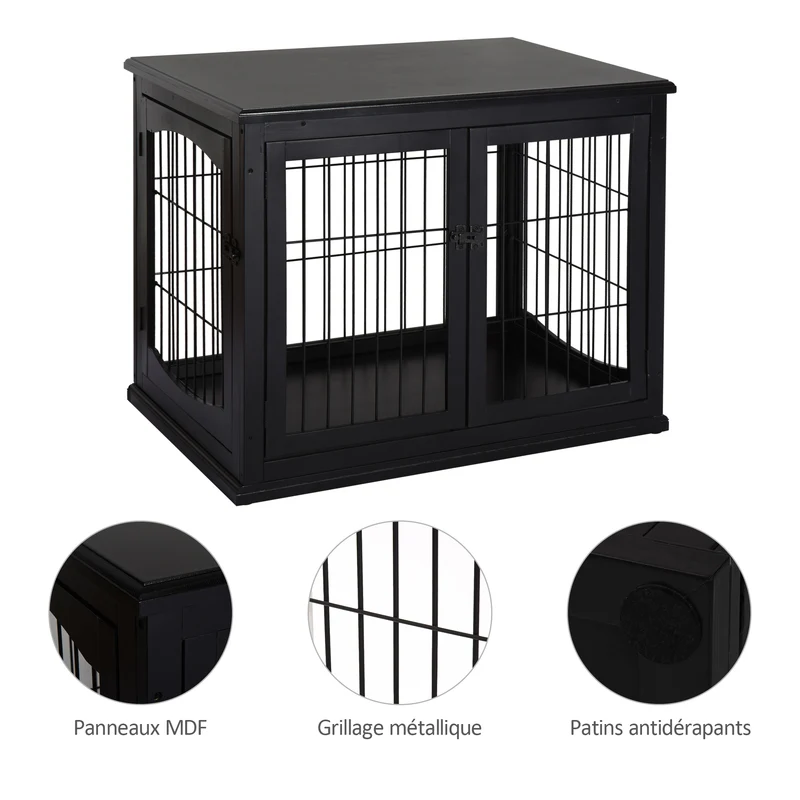 Cage pour chien enclos intérieur 81 x 58 x 66 cm sécurisante 3 portes verrouillables contemporain élégant en MDF noir 21_0007281