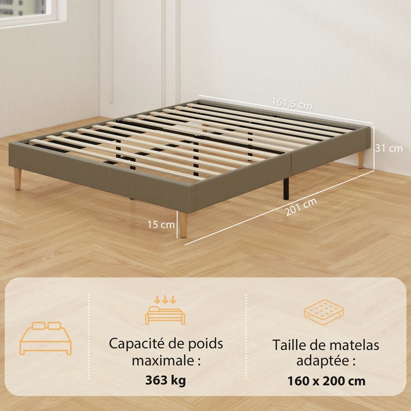 Cadre de lit double rembourré velours côtelé 160 x 200 x 31 cm sommier à lattes silencieux moderne en polyester gris 21_0003769