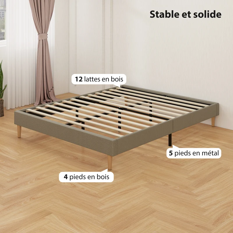 Cadre de lit double rembourré velours côtelé 160 x 200 x 31 cm sommier à lattes silencieux moderne en polyester gris 21_0003769
