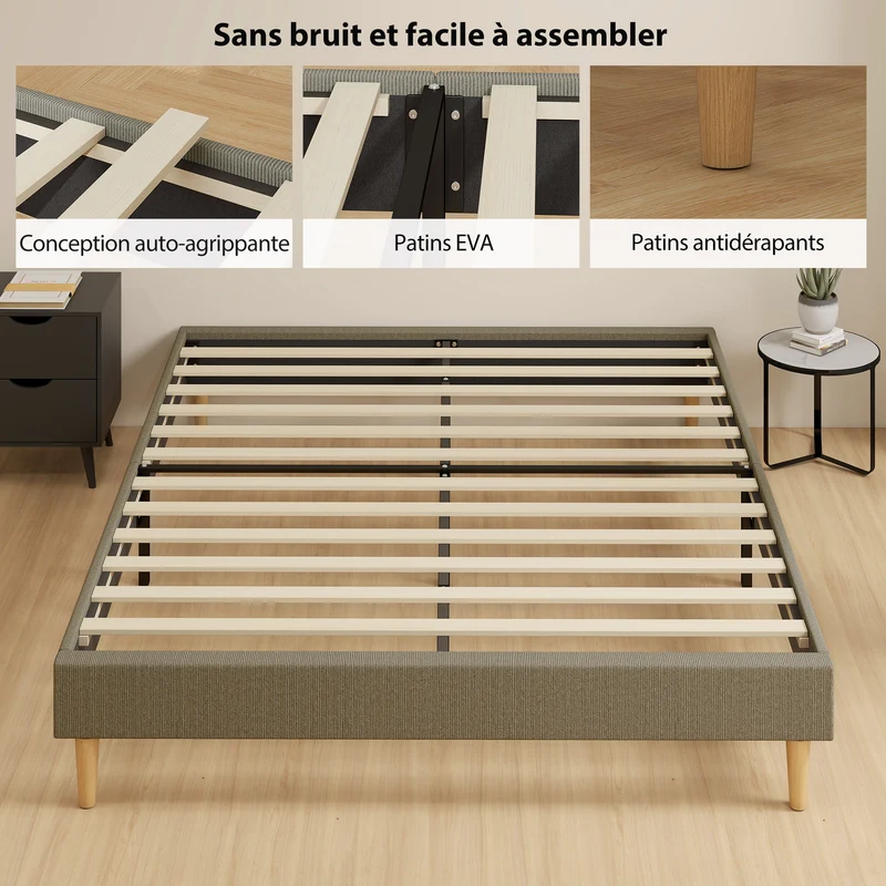 Cadre de lit double rembourré velours côtelé 160 x 200 x 31 cm sommier à lattes silencieux moderne en polyester gris 21_0003769