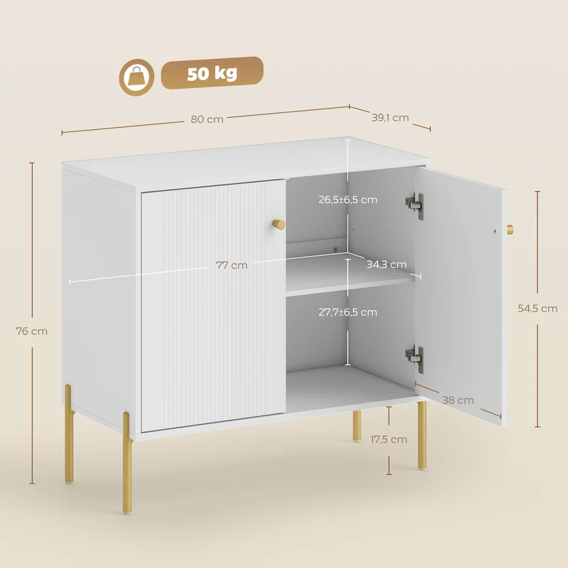 Buffet bas 80 x 39,1 x 76 cm portes cannelées étagère réglable pieds acier contemporain en panneau de particules blanc 21_0003563
