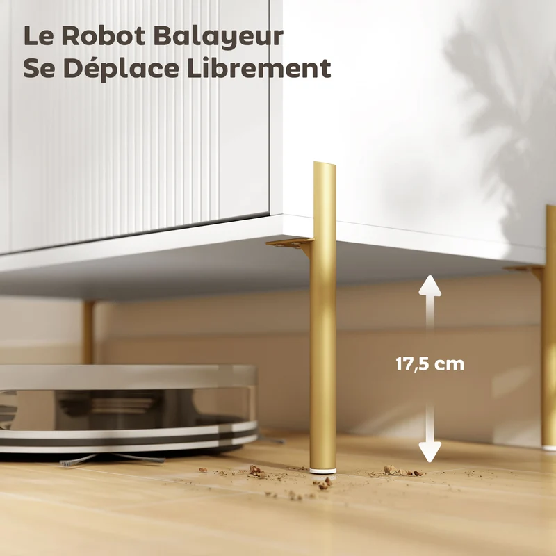 Buffet bas 80 x 39,1 x 76 cm portes cannelées étagère réglable pieds acier contemporain en panneau de particules blanc 21_0003563