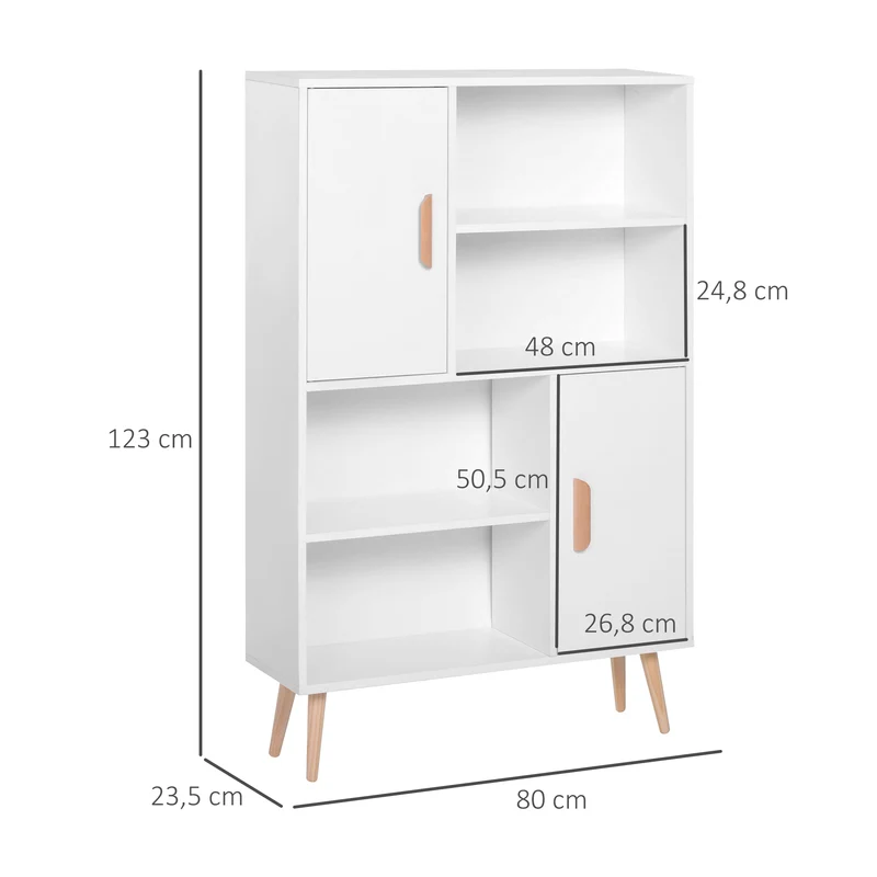 Bibliothèque scandinave salon 80 x 24 x 123 cm 4 niches 2 placards étagère réglable épuré en panneau de particules blanc 21_0002409