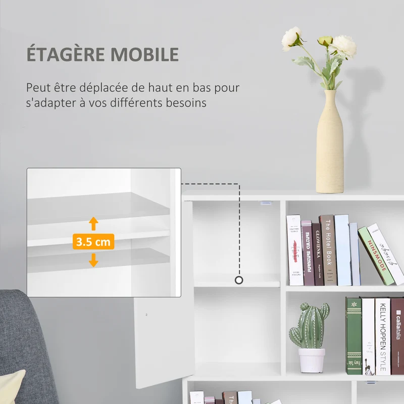 Bibliothèque scandinave salon 80 x 24 x 123 cm 4 niches 2 placards étagère réglable épuré en panneau de particules blanc 21_0002409