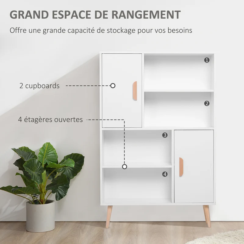Bibliothèque scandinave salon 80 x 24 x 123 cm 4 niches 2 placards étagère réglable épuré en panneau de particules blanc 21_0002409