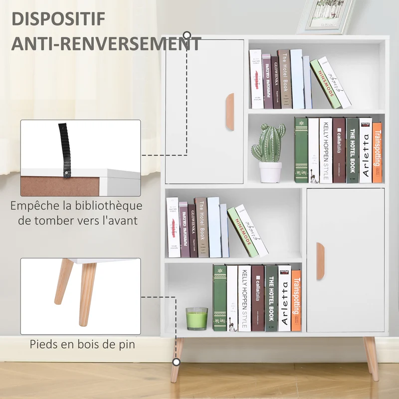 Bibliothèque scandinave salon 80 x 24 x 123 cm 4 niches 2 placards étagère réglable épuré en panneau de particules blanc 21_0002409