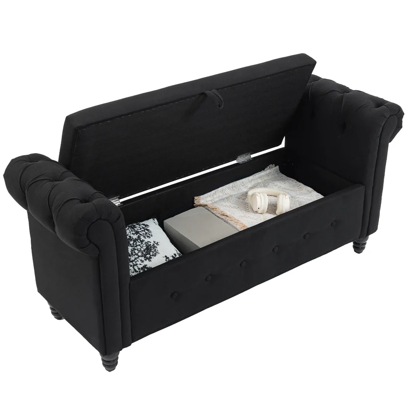 Banquette coffre 2 en 1 salon 146,5 x 49 x 72 cm rangement intégré assise rembourrée classique en tissu polyester noir 21_0002890