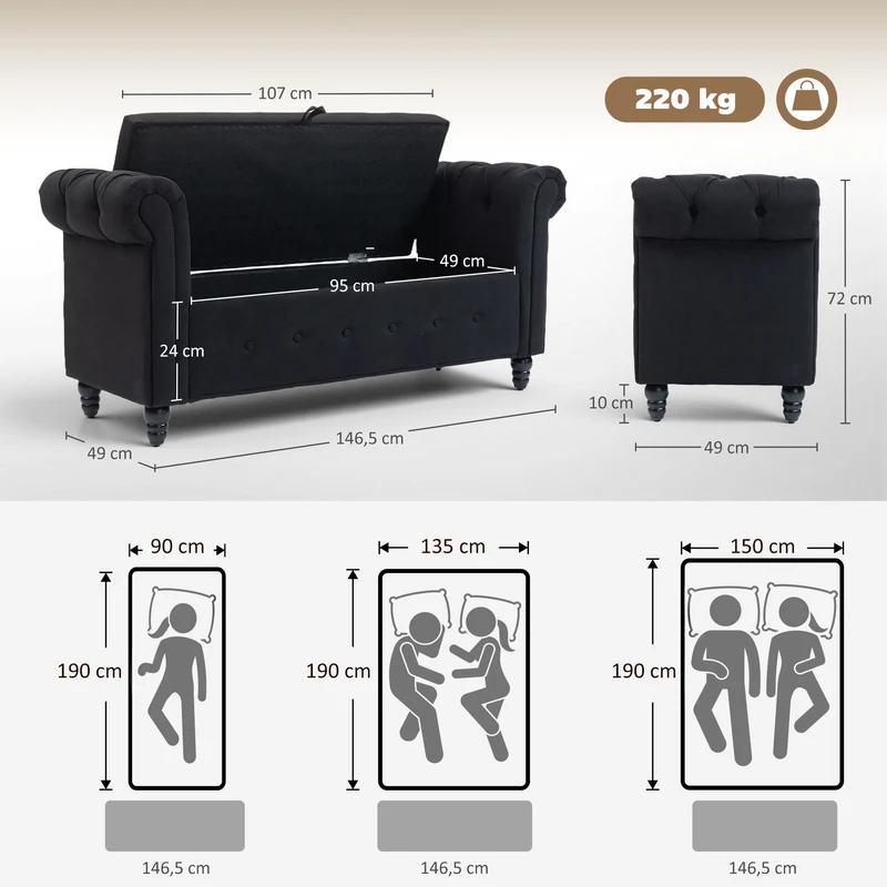Banquette coffre 2 en 1 salon 146,5 x 49 x 72 cm rangement intégré assise rembourrée classique en tissu polyester noir 21_0002890