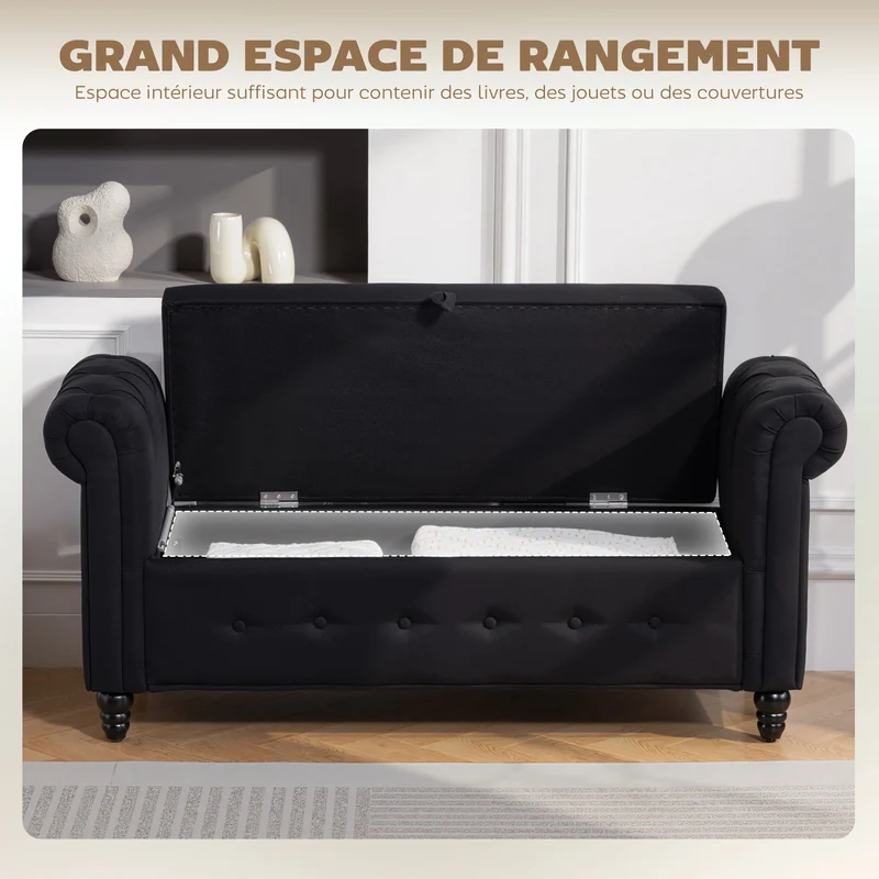 Banquette coffre 2 en 1 salon 146,5 x 49 x 72 cm rangement intégré assise rembourrée classique en tissu polyester noir 21_0002890