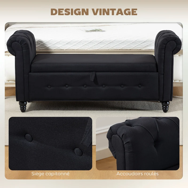 Banquette coffre 2 en 1 salon 146,5 x 49 x 72 cm rangement intégré assise rembourrée classique en tissu polyester noir 21_0002890