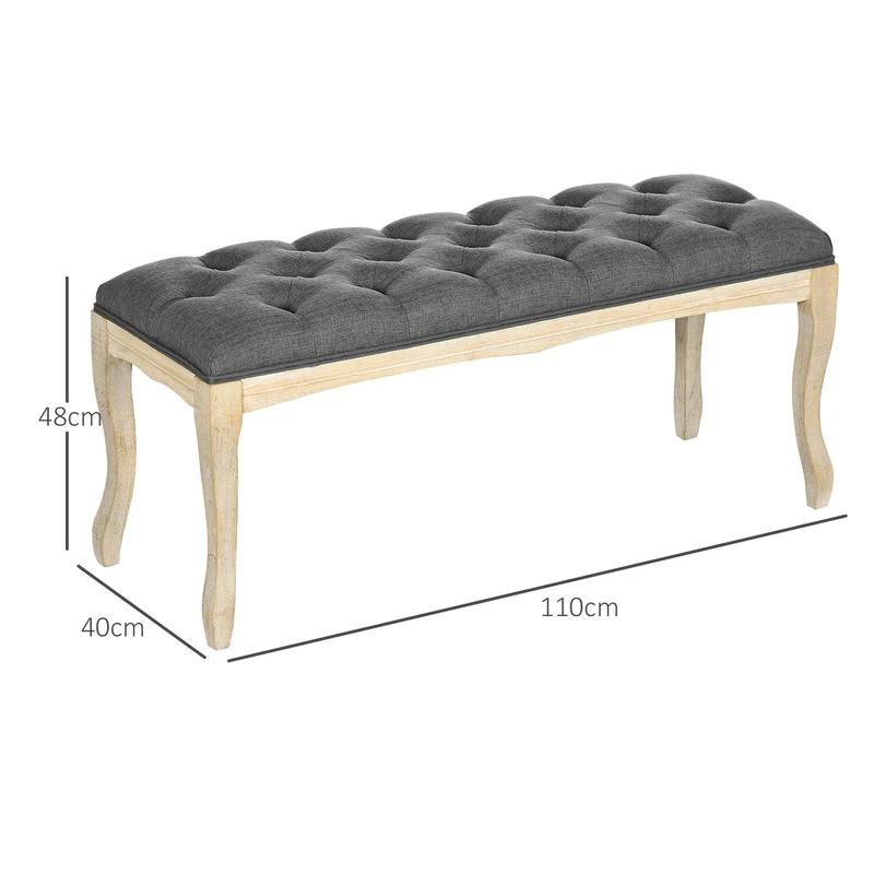 Banquette capitonnée bout de lit 110 x 40 x 48 cm assise mousse haute densité rembourrée salon classique en lin gris 21_0002634