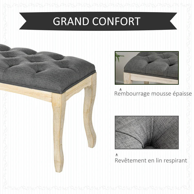 Banquette capitonnée bout de lit 110 x 40 x 48 cm assise mousse haute densité rembourrée salon classique en lin gris 21_0002634