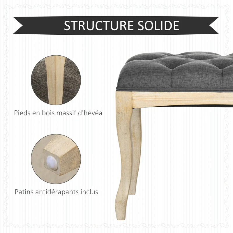 Banquette capitonnée bout de lit 110 x 40 x 48 cm assise mousse haute densité rembourrée salon classique en lin gris 21_0002634