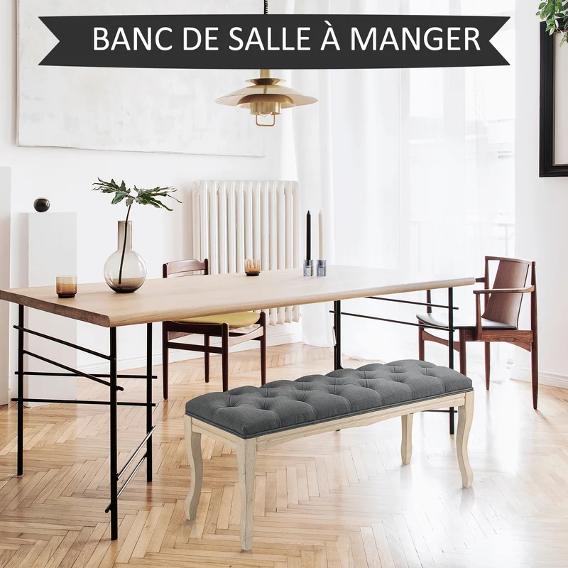 Banquette capitonnée bout de lit 110 x 40 x 48 cm assise mousse haute densité rembourrée salon classique en lin gris 21_0002634