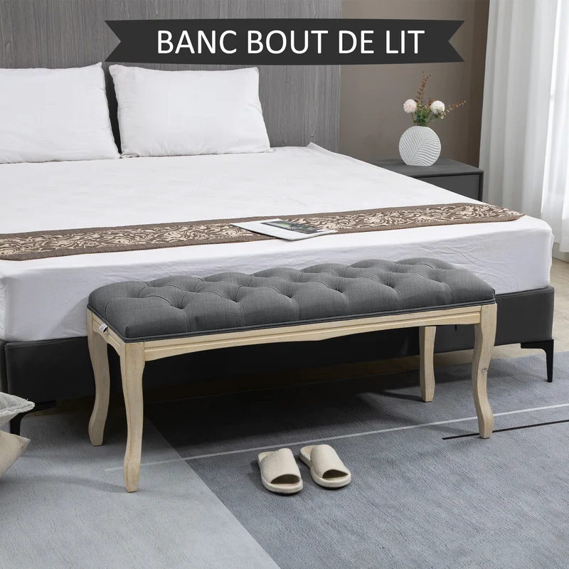 Banquette capitonnée bout de lit 110 x 40 x 48 cm assise mousse haute densité rembourrée salon classique en lin gris 21_0002634