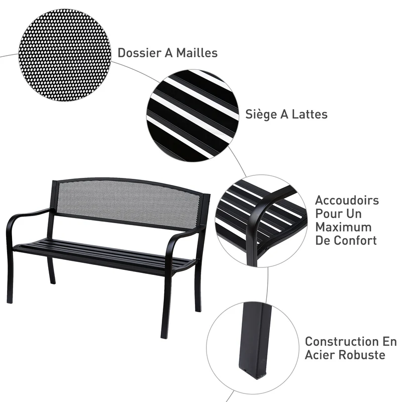 Banc de jardin 3 places 127 x 60 x 87 cm assise profonde et dossier ergonomique contemporain épuré en métal époxy noir 21_0004583