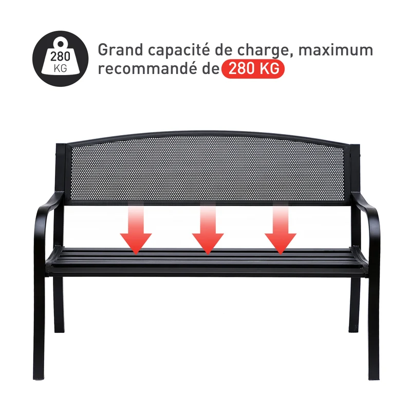 Banc de jardin 3 places 127 x 60 x 87 cm assise profonde et dossier ergonomique contemporain épuré en métal époxy noir 21_0004583