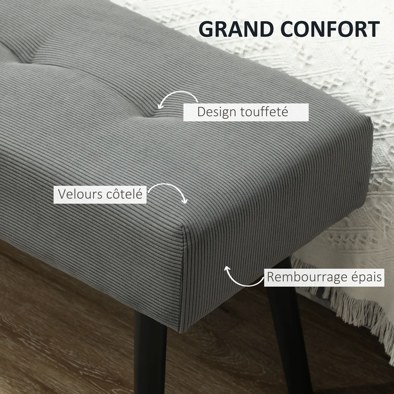 Banc bout de lit rembourré 100 x 36 x 45 cm assise 13 cm confortable supporte 220 kg moderne en velours côtelé gris 21_0001645