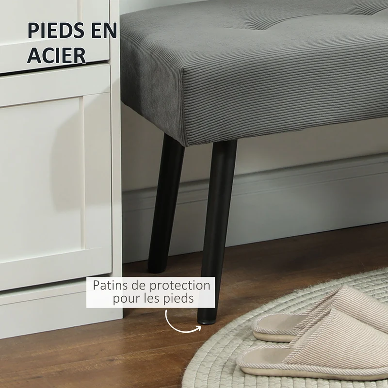 Banc bout de lit rembourré 100 x 36 x 45 cm assise 13 cm confortable supporte 220 kg moderne en velours côtelé gris 21_0001645