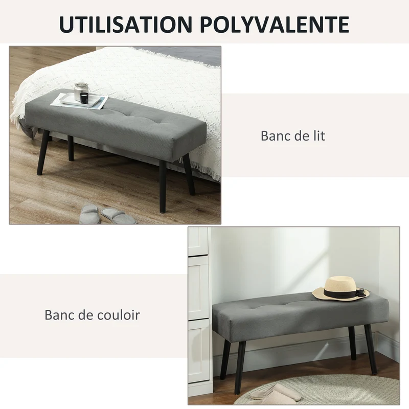 Banc bout de lit rembourré 100 x 36 x 45 cm assise 13 cm confortable supporte 220 kg moderne en velours côtelé gris 21_0001645