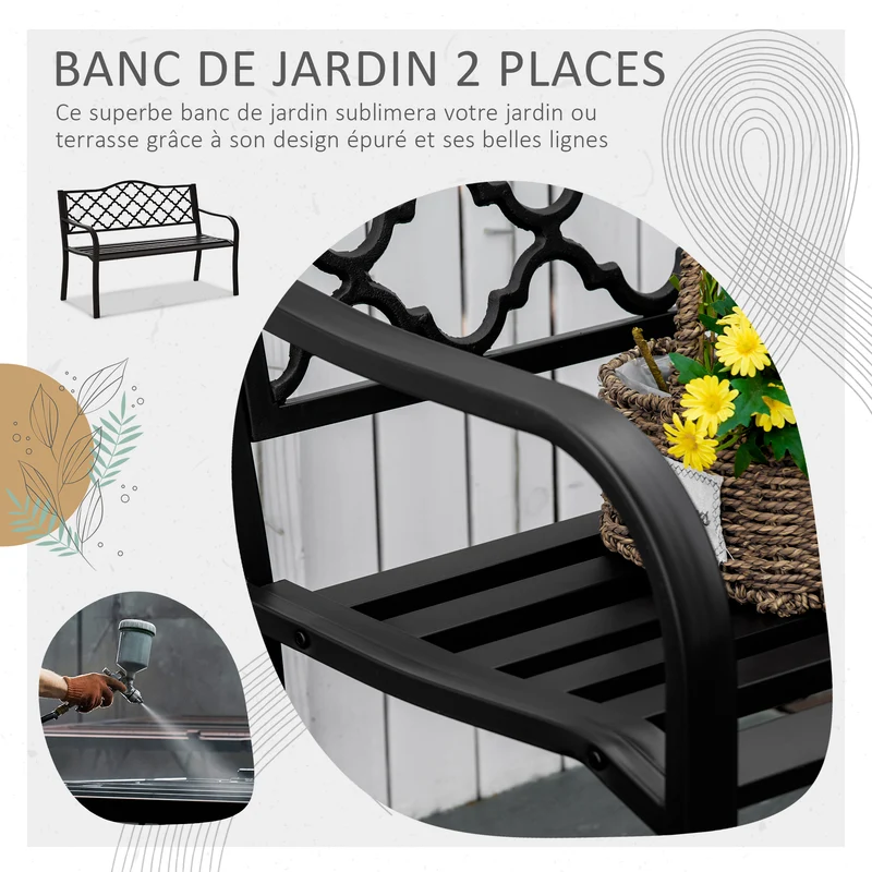 Banc 3 places jardin terrasse 128 x 60 x 89 cm assise profonde dossier incliné ergonomique rustique stable en métal brun 21_0004593