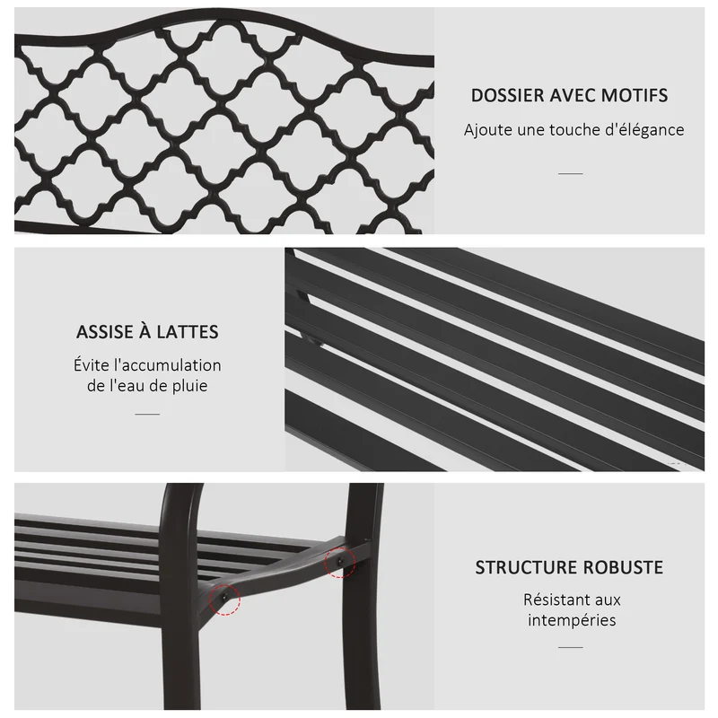 Banc 3 places jardin terrasse 128 x 60 x 89 cm assise profonde dossier incliné ergonomique rustique stable en métal brun 21_0004593