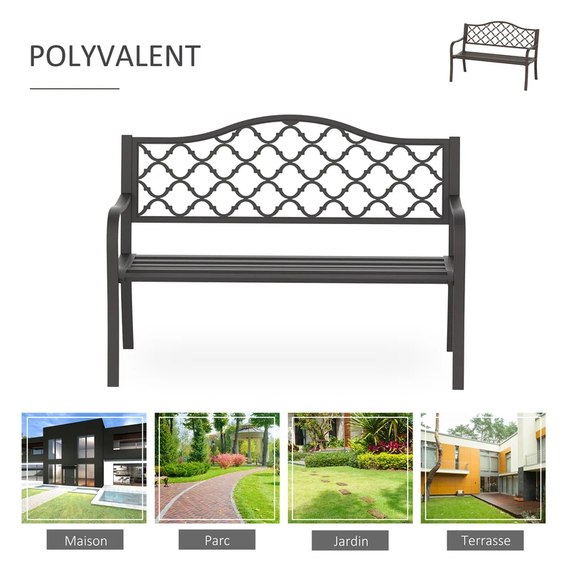 Banc 3 places jardin terrasse 128 x 60 x 89 cm assise profonde dossier incliné ergonomique rustique stable en métal brun 21_0004593