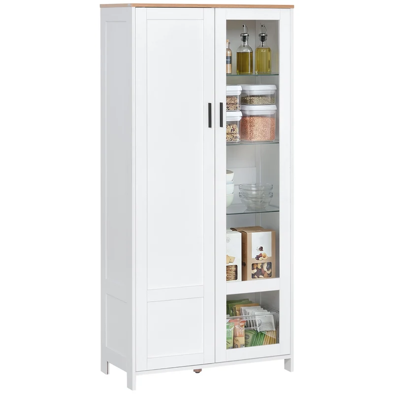 Armoire de cuisine vitrée 76 x 36 x 160 cm étagères réglables base surélevée scandinave en panneau de particules blanc 21_0002275