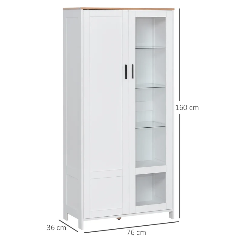 Armoire de cuisine vitrée 76 x 36 x 160 cm étagères réglables base surélevée scandinave en panneau de particules blanc 21_0002275