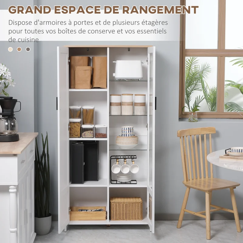 Armoire de cuisine vitrée 76 x 36 x 160 cm étagères réglables base surélevée scandinave en panneau de particules blanc 21_0002275