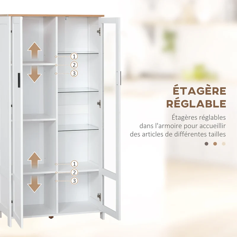 Armoire de cuisine vitrée 76 x 36 x 160 cm étagères réglables base surélevée scandinave en panneau de particules blanc 21_0002275