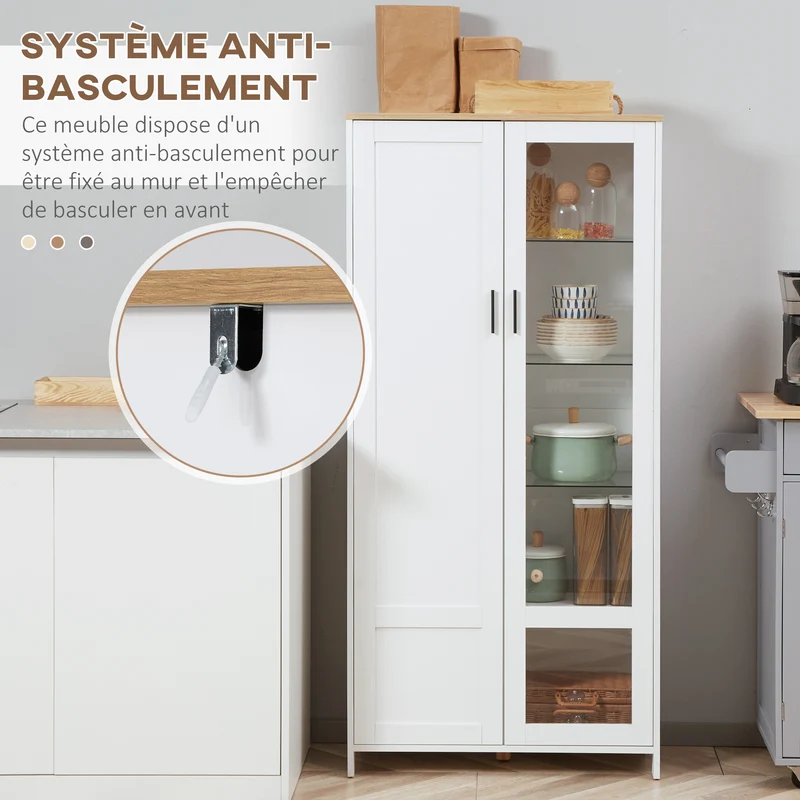 Armoire de cuisine vitrée 76 x 36 x 160 cm étagères réglables base surélevée scandinave en panneau de particules blanc 21_0002275