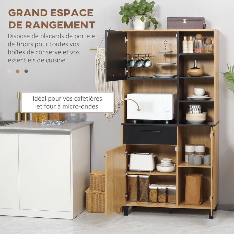Armoire de cuisine multi rangements 90 x 40 x 180 cm avec tiroir passe câbles contemporain en panneau de particules noir 21_0002298