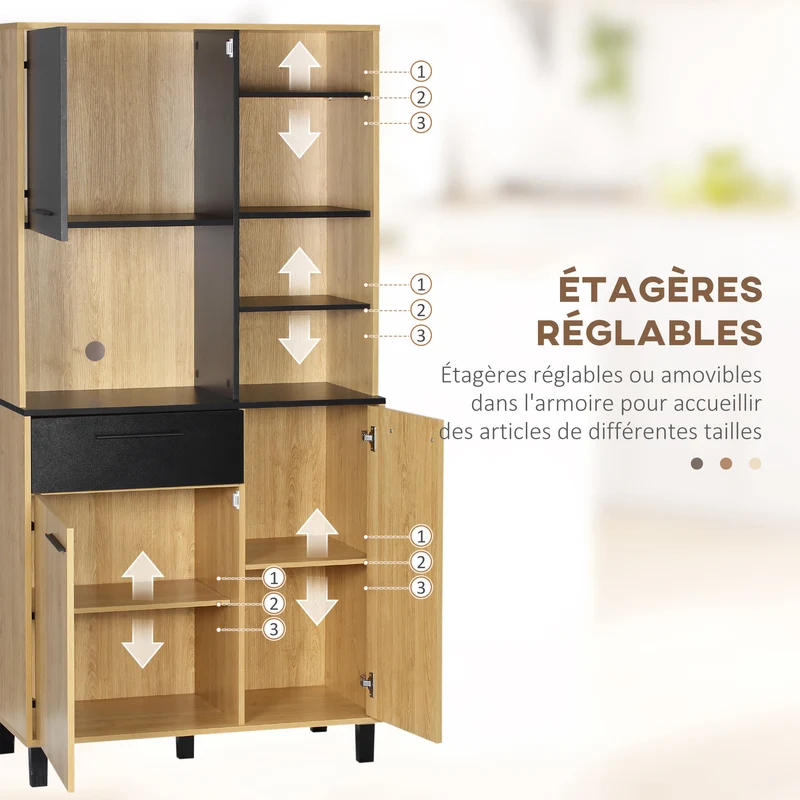 Armoire de cuisine multi rangements 90 x 40 x 180 cm avec tiroir passe câbles contemporain en panneau de particules noir 21_0002298