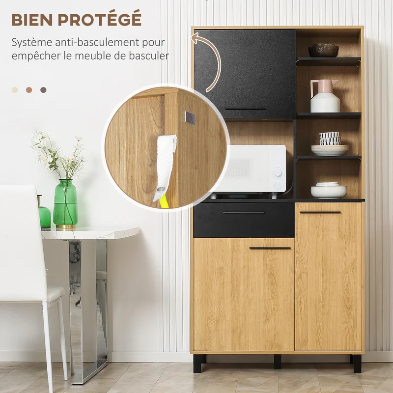 Armoire de cuisine multi rangements 90 x 40 x 180 cm avec tiroir passe câbles contemporain en panneau de particules noir 21_0002298