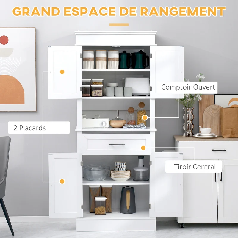Armoire de cuisine multi rangements 74 x 39,5 x 183 cm niche micro-ondes finition chic contemporain pratique en MDF blanc 21_0002194