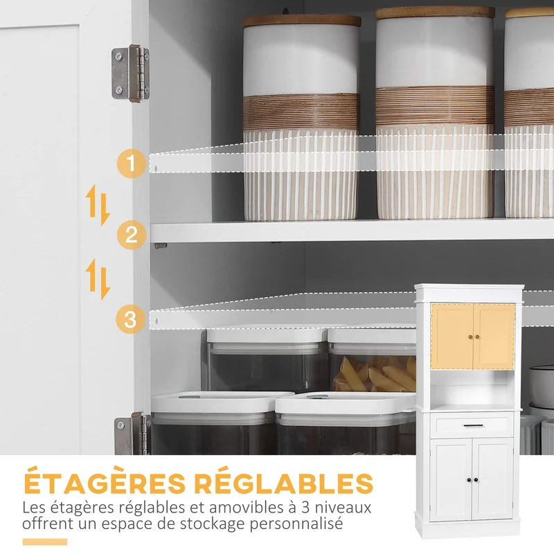 Armoire de cuisine multi rangements 74 x 39,5 x 183 cm niche micro-ondes finition chic contemporain pratique en MDF blanc 21_0002194