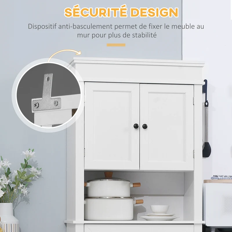 Armoire de cuisine multi rangements 74 x 39,5 x 183 cm niche micro-ondes finition chic contemporain pratique en MDF blanc 21_0002194