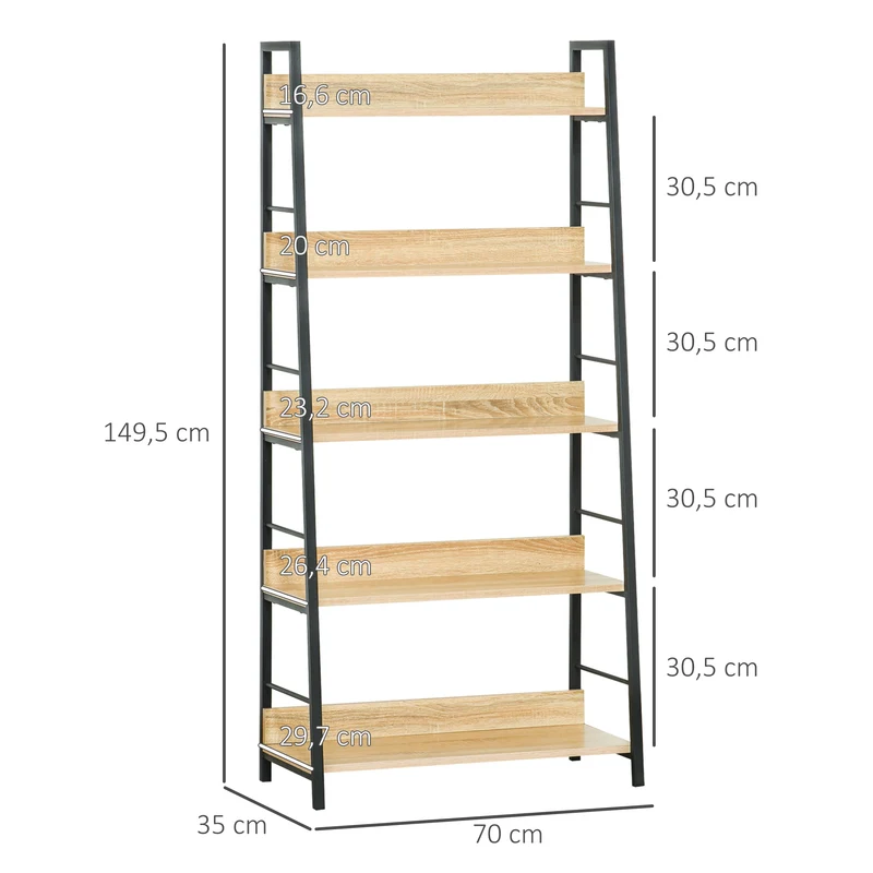 Étagère bibliothèque inclinée 70 x 35 x 150 cm 5 niveaux rangement montage facile style industriel en MDF chêne clair 21_0002376