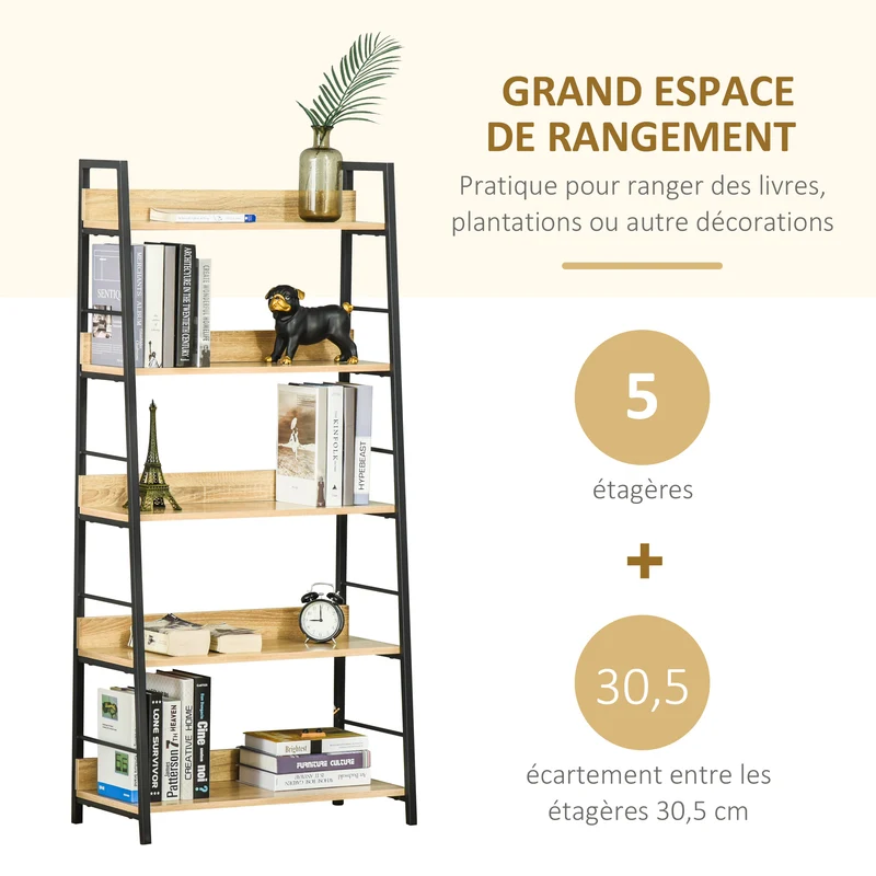 Étagère bibliothèque inclinée 70 x 35 x 150 cm 5 niveaux rangement montage facile style industriel en MDF chêne clair 21_0002376
