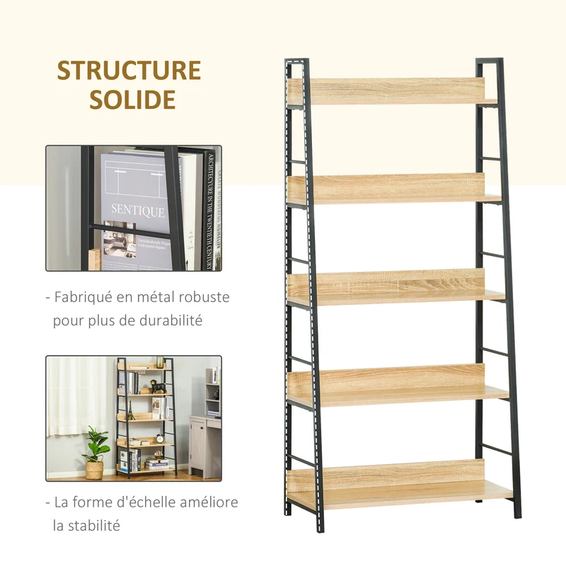 Étagère bibliothèque inclinée 70 x 35 x 150 cm 5 niveaux rangement montage facile style industriel en MDF chêne clair 21_0002376