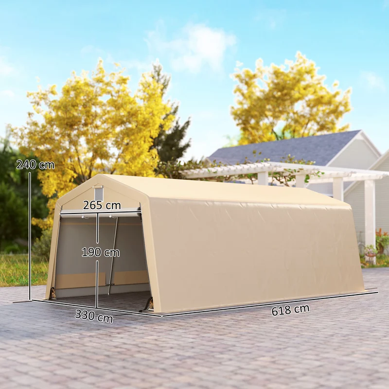 Tente garage abri voiture 618 x 330 x 240 cm protection imperméable étanche porte zippée industriel en polyéthylène kaki 21_0004839