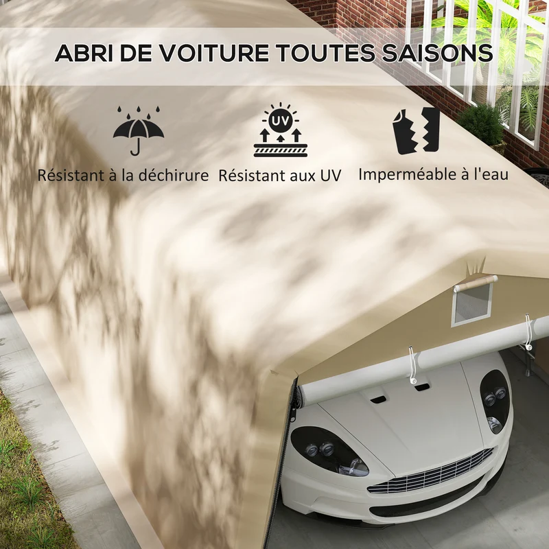 Tente garage abri voiture 618 x 330 x 240 cm protection imperméable étanche porte zippée industriel en polyéthylène kaki 21_0004839