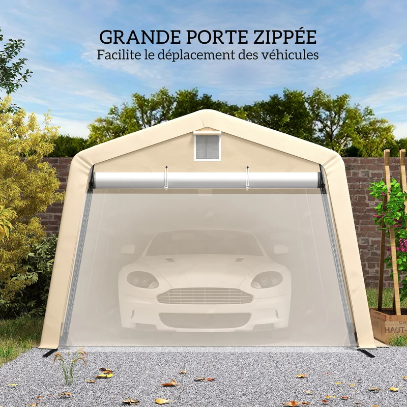 Tente garage abri voiture 618 x 330 x 240 cm protection imperméable étanche porte zippée industriel en polyéthylène kaki 21_0004839